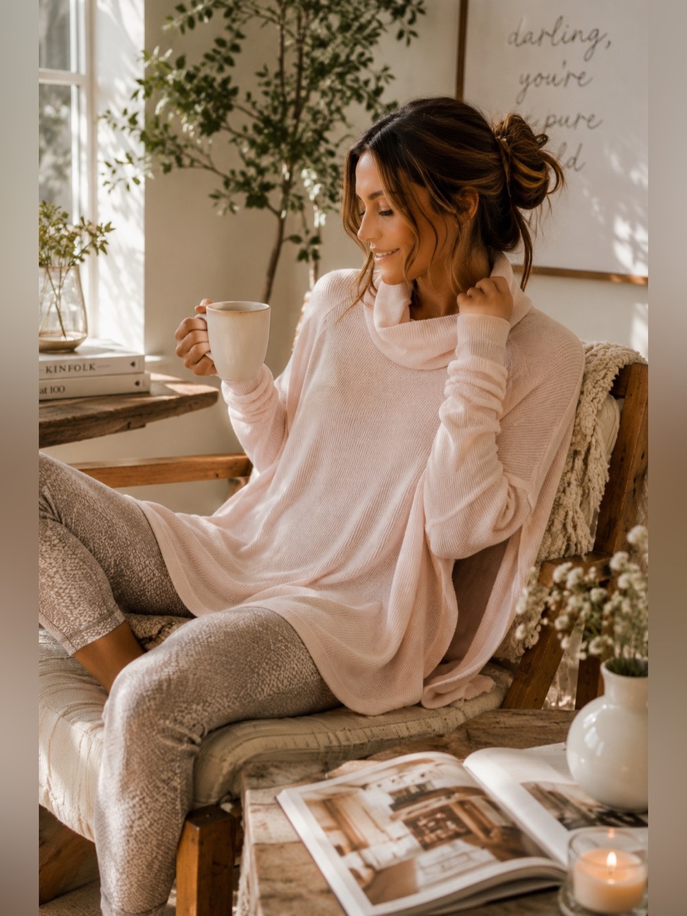 Free People Oversized Thermal Cowl Neck Tunic Top S Blush